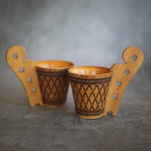 Set of 2 Carved Wooden Cups Polish